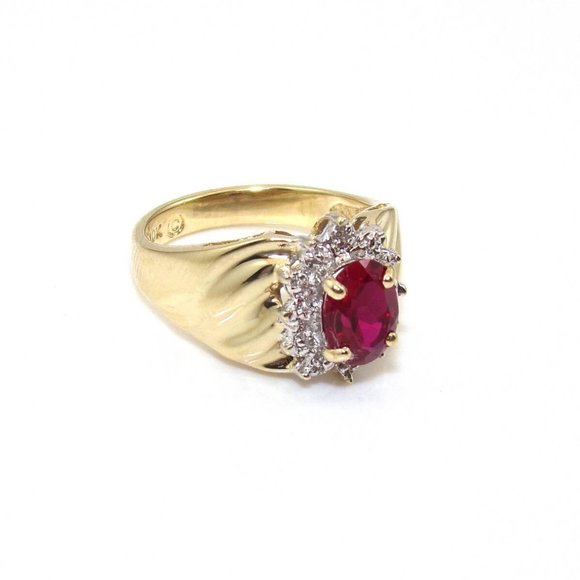 10K Yellow Gold Pink Ruby Diamond Halo Ring Size 7.25 - Picture 4 of 6